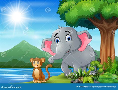 Scene with Elephant and Monkey Having Fun at Nature Stock Vector - Illustration of lake, ocean ...