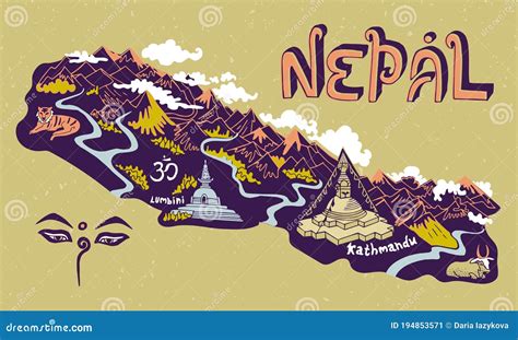 Illustrated map of Nepal. stock vector. Illustration of landmark ...