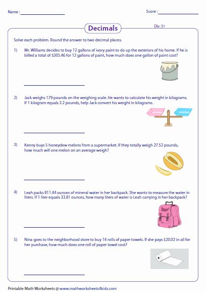 50 Decimal Word Problems Worksheet