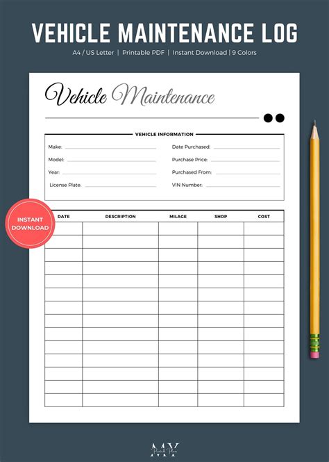 Vehicle Maintenance Log Printable Editable Car Maintenance - Etsy