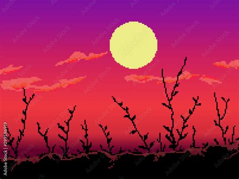 Pixel art game background with sun, and grass. 8 bit. Silhouette of night landscape. Stock ...