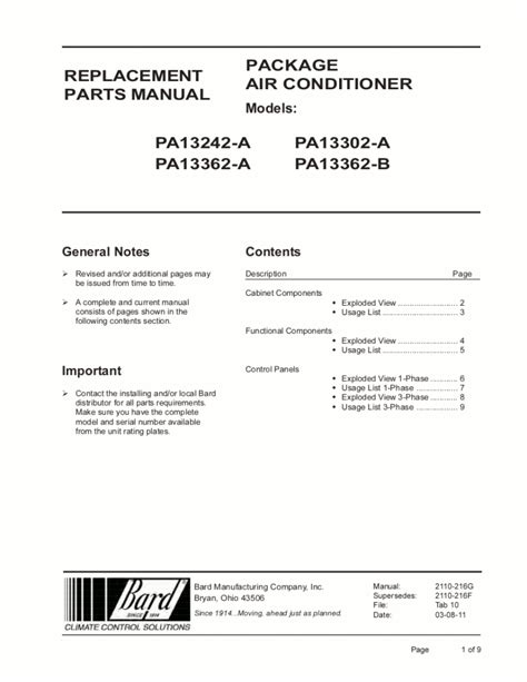 Bard Air Conditioner Parts Manual for Models PA13242A