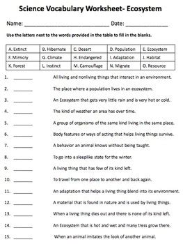 Science Worksheet - Ecosystem Vocabulary Worksheet by Think Learn Blossom