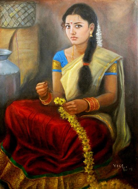 Tamil Girl Flower Stiching Painting by Vishalandra Dakur