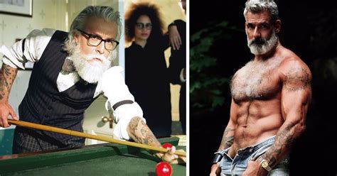 a man with tattoos playing pool and an older man with white hair