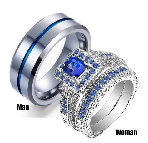 His & Hers Couples Ring Sets Womens White Gold Filled Blue Stone CZ ...