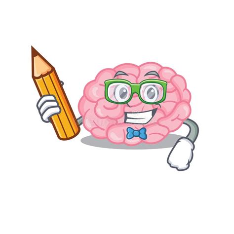 A Brainy Student Human Brain Cartoon Character with Pencil and Glasses ...