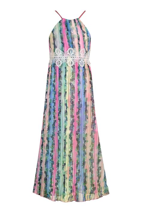 Hannah Banana | Girls Halter Neck Rainbow Color Pleated Maxi Dress – myhannahbanana