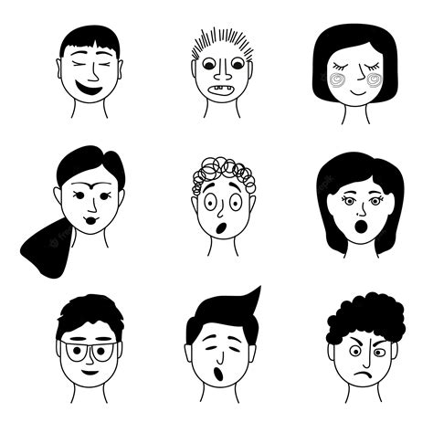 Premium Vector | Black and white faces set on white background Vector doodle illustration