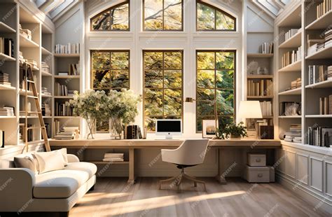 Premium AI Image | a white home office with a desk and book shelves