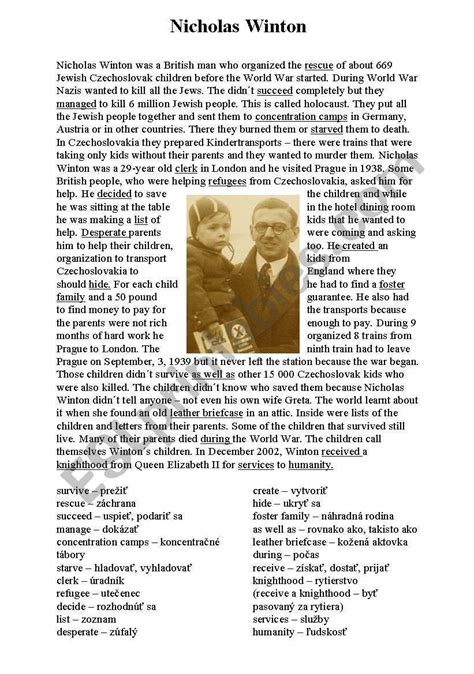 Nicholas Winton - True Hero Biography - ESL worksheet by Kristina77 Reading Worksheets, Phonics ...