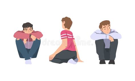 Man with Bended Knees Sitting on the Floor Feeling Calm Vector Set ...