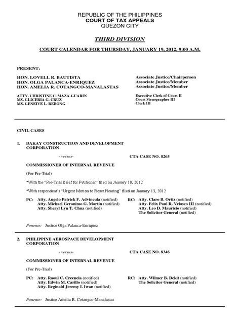 Court Calendar for January 19, 2012 Third Division Session of the Court of Tax Appeals | PDF ...