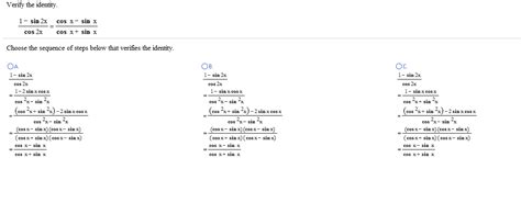 Solved Verify the identity. 1 - sin2x/cos2x = cos x - sin | Chegg.com