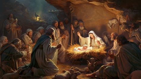 Painting Of Nativity Scene With Jesus And Seven People Background ...