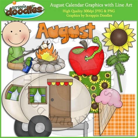 August Calendar Clip Art with Line Art Download by ScrappinDoodles