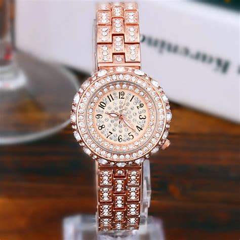 Luxury Full Diamond Dress Watch Women Rhinestone Bangle Watch Lady Rose ...