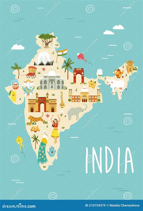 Illustrated Map Of India With Famous Landmarks, Symbols And Animals ...