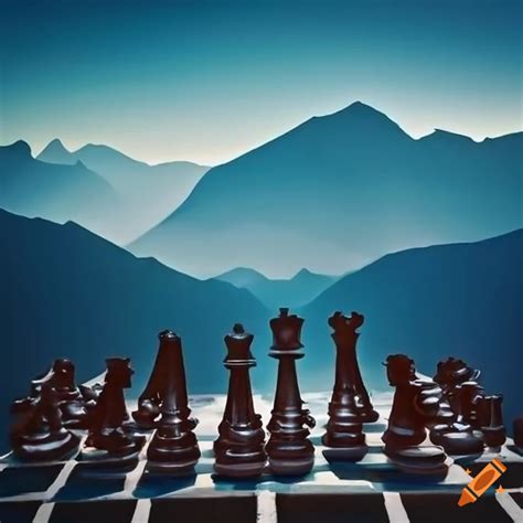Chess board set among mountains on Craiyon