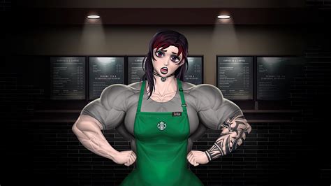 Wallpaper : muscles, muscular, toned female, strong woman, anime girls, starbucks, apron ...