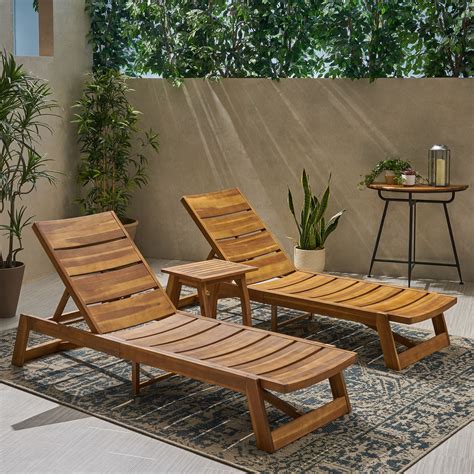 Allaire Outdoor Acacia Wood Chaise 3-Piece Lounge Set, Teak, Brown ...