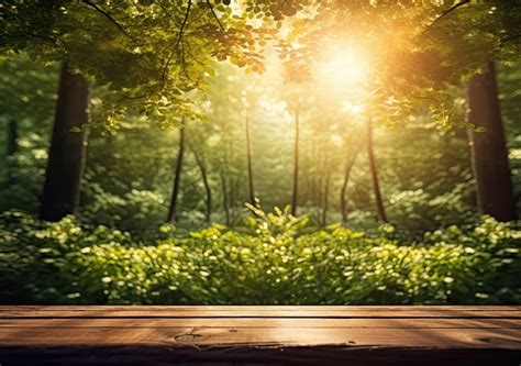 Premium AI Image | Wooden table in front of green forest with sunbeams