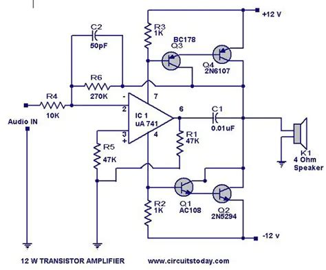 Transistor Amplifier Circuit with Diagram for 12 Watts