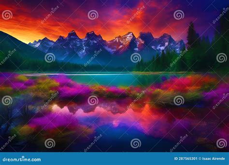 Colorful Sunset Near a Mountain S Edge with a Spring Water Source Stock Illustration ...