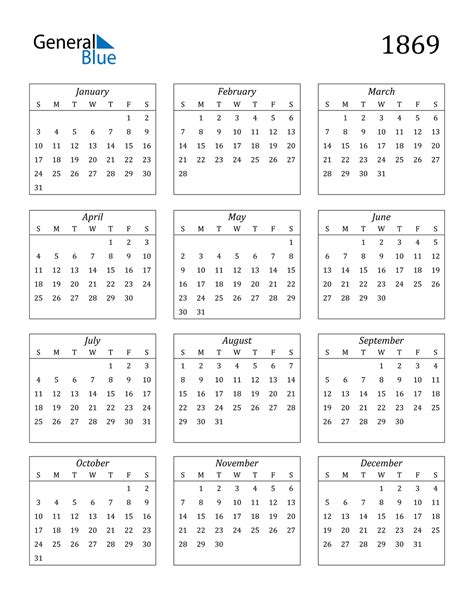 1869 Calendar (PDF, Word, Excel)