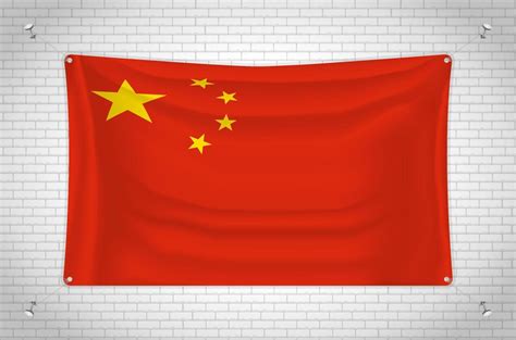 China flag hanging on brick wall. 3D drawing. Flag attached to the wall ...