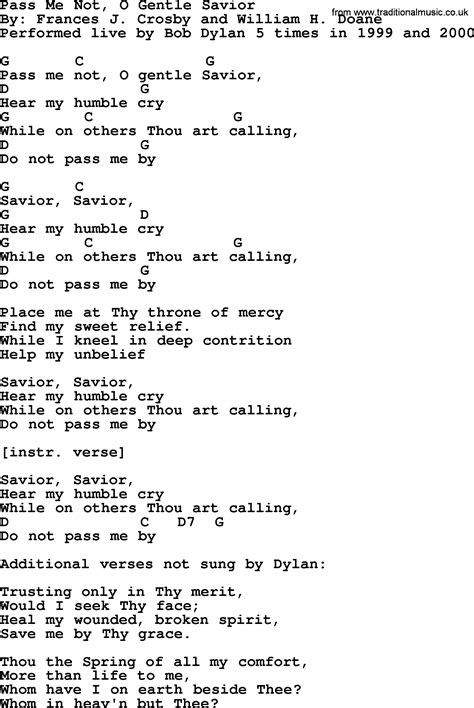 Bob Dylan song - Pass Me Not, O Gentle Savior, lyrics and chords