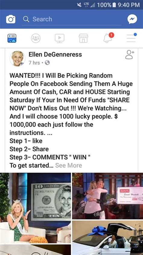 Facebook posts claim Ellen DeGeneres is giving away money or prizes. Fact Check - ThatsNonsense.com