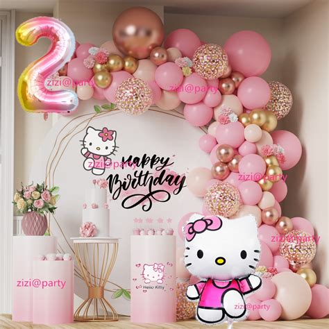 Pink hello kitty balloon garland set metal rose gold multicolored confetti latex balloon ...