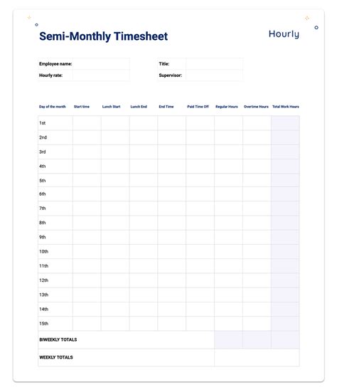 Simple Printable Monthly Timesheet Template - Printable World Holiday
