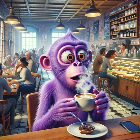 Animated Purple Monkey in a Bustling Coffee Shop | AI Art Generator ...