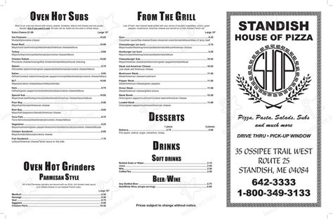 Menu of Standish House of Pizza pizzeria, Standish, 35 Ossipee Trail W - reviews and ratings