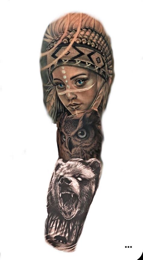 Girl / owl / bear / florest black Half Sleeve Tattoo Stencils, Half Sleeve Tattoos Drawings ...