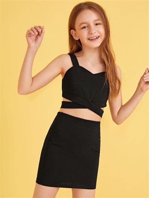 SHEIN Girls Crisscross Hem Tank Crop Top & Skirt Set | Girls outfits ...