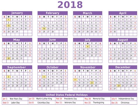 2018 calendar w holidays