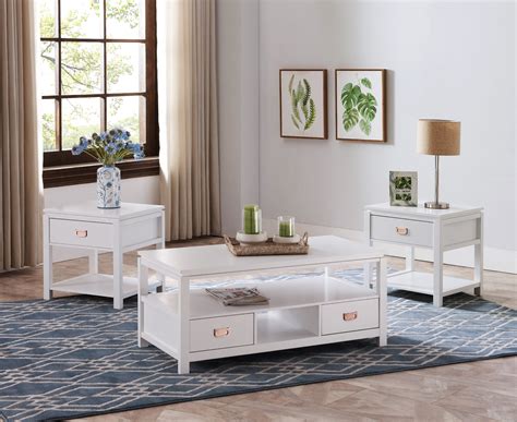 Adelaide 3 Piece Storage Coffee Table Set, White Wood, Contemporary, (Cocktail Coffee & 2 End ...