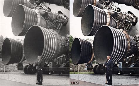 Wernher von Braun with the F-1 engines of the Saturn V first stage at the U.S. Space and Rocket ...