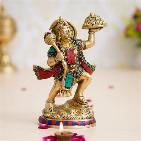 Colorful Lord Hanuman carrying Sanjeevani Mountain Handcrafted Brass Idol with Stone Work ...