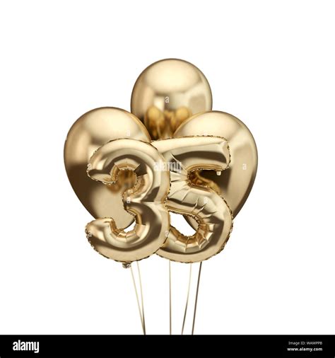 35th birthday gold foil bunch of balloons. Happy birthday. 3D Rendering ...