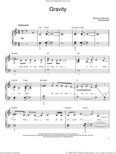 Bareilles - Gravity sheet music for piano solo [PDF-interactive]