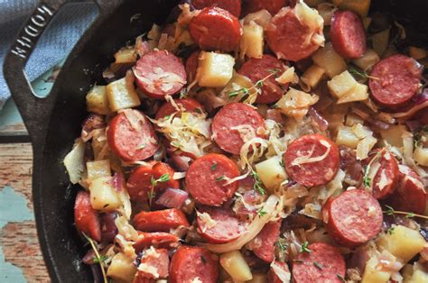 smoked sausage casserole with sauerkraut and potatoes