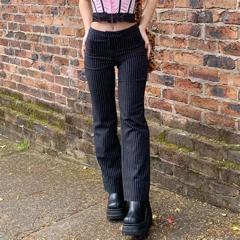 Pinstriped Y2K Style Pants with Mid-High Waist and Zipper | Etsy