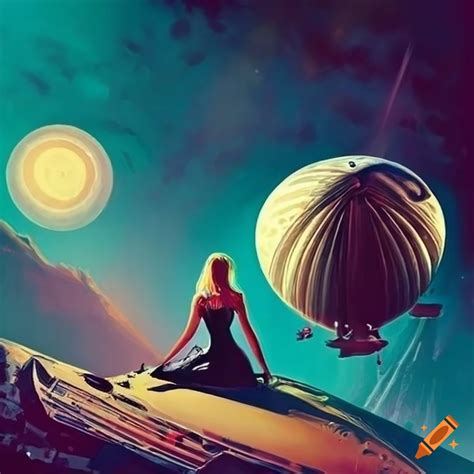 Retro sci-fi art with zeppelin and woman on Craiyon