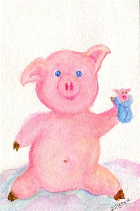 Pig watercolors painting original Piglet with Pig in a | Etsy