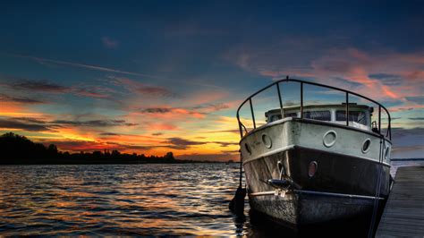 sunset, boat, HDR, lake HD Wallpaper