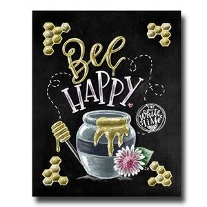 Bee Happy Art, Spring Art, Bee Art Print, Chalk Art, Honey, Chalkboard Art, Spring Print, Spring ...